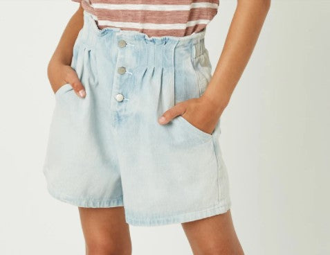 High Waisted Pleated Light Denim Shorts