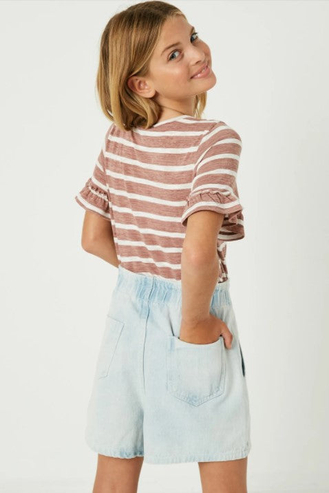 High Waisted Pleated Light Denim Shorts