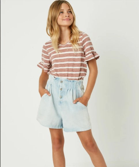 High Waisted Pleated Light Denim Shorts